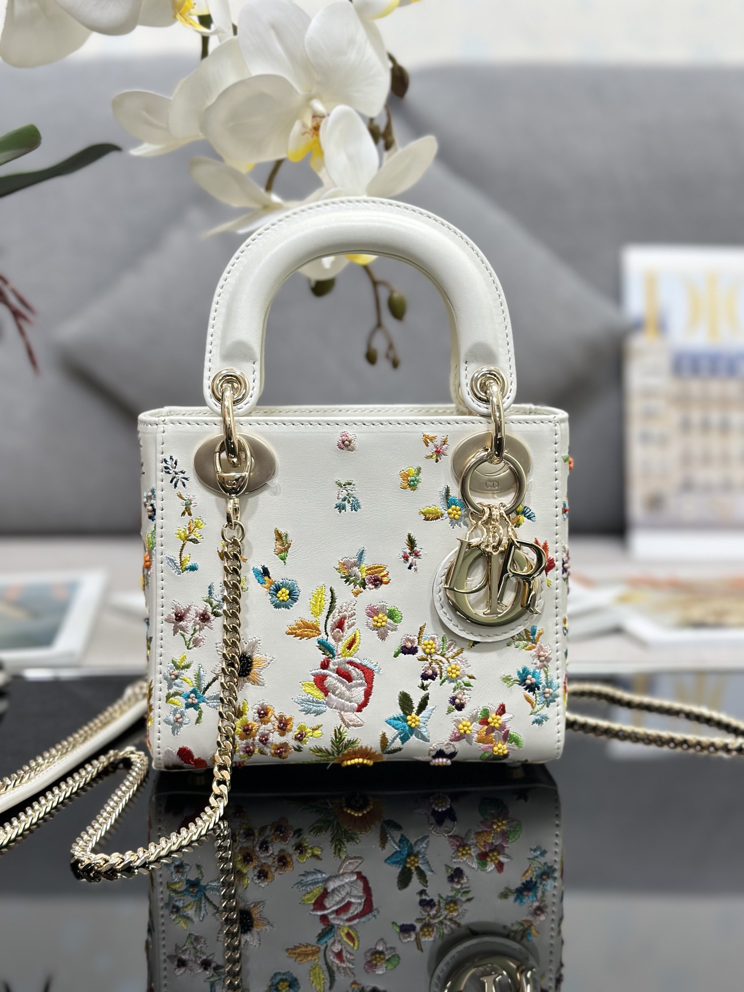 Mini Lady Dior Bag White Calfskin Embroidered with Flowers Beads